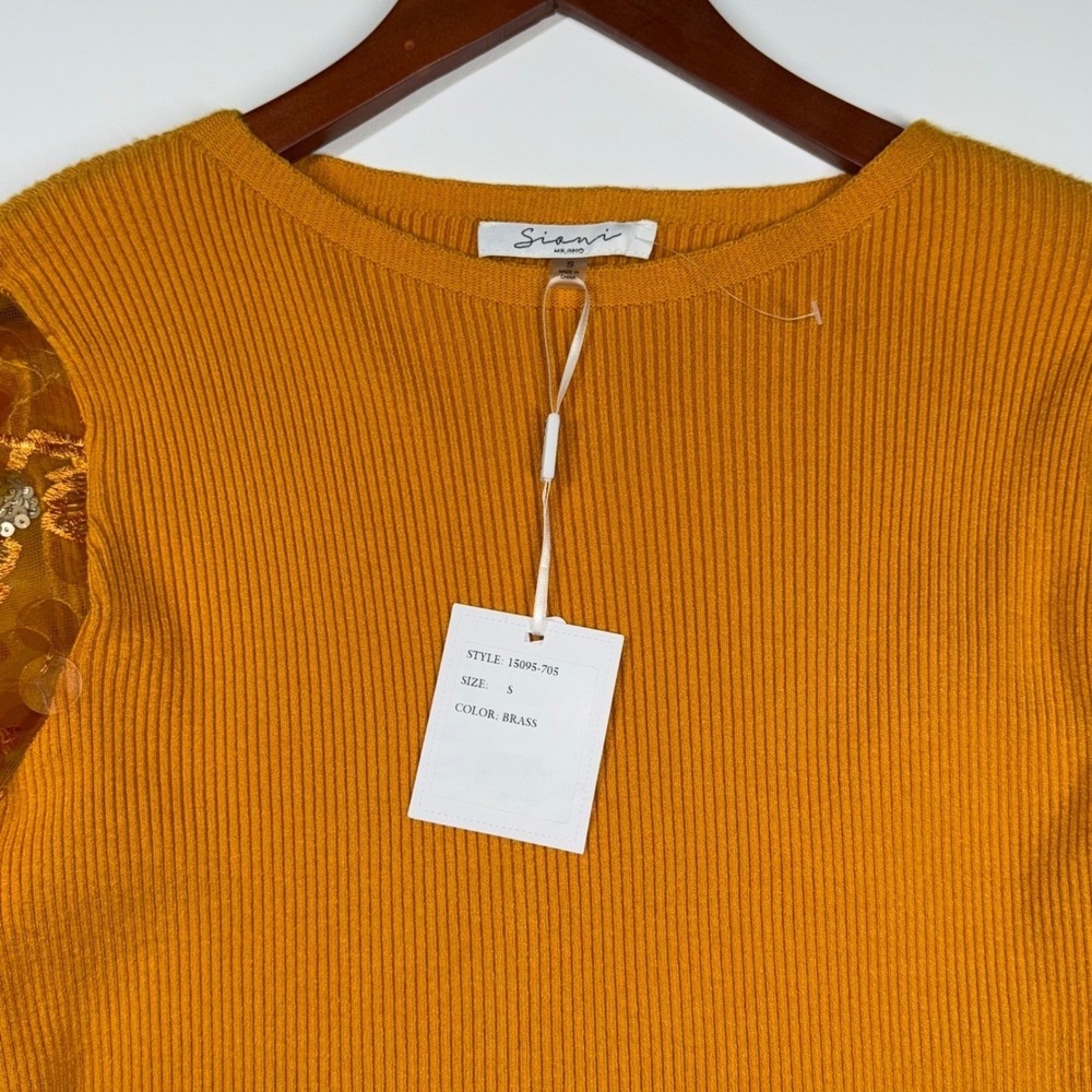 Sioni Milano S Orange Brass Fall Leaves Sequin Sleeve Ribbed Knit Top - Small - Picture 4 of 11